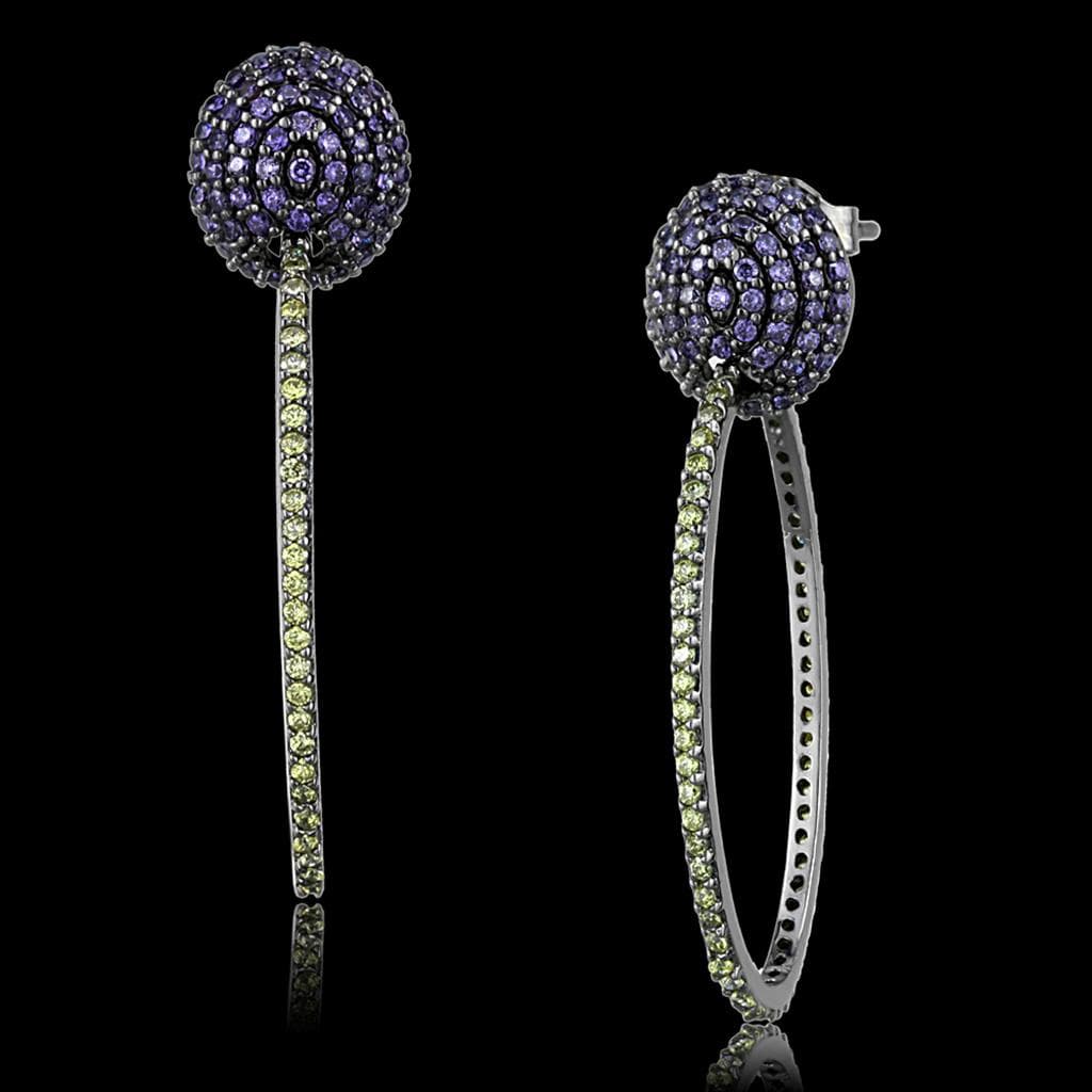 Sterling Silver Multi Color CZ Pave Ball Bar Asymmetric Earrings