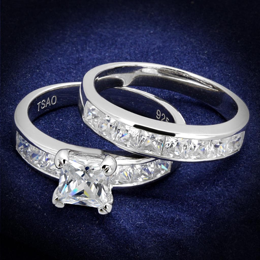 Sterling Silver CZ Heart Princess Channel Bridal Set Ring
