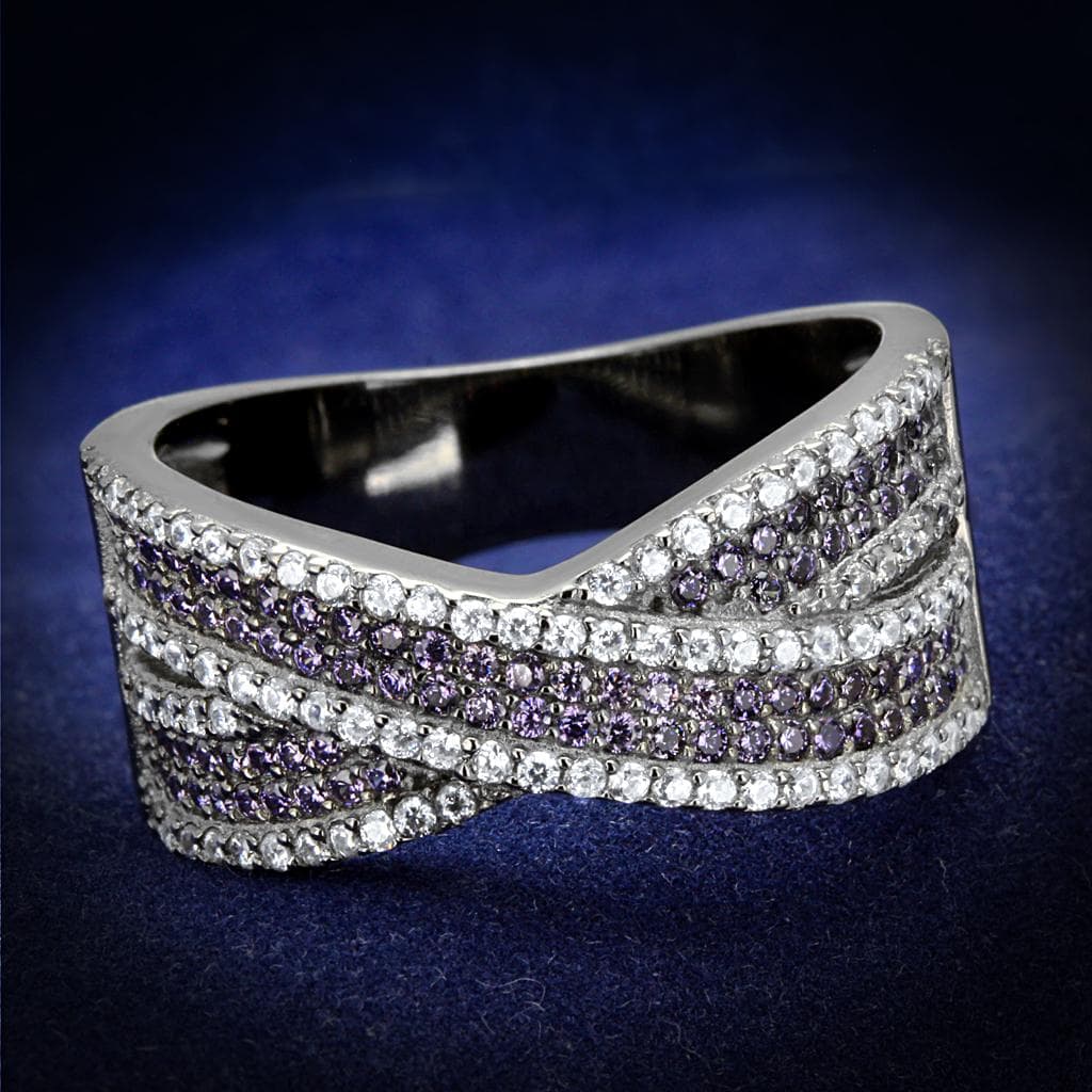 Sterling Silver Lavender CZ Pave Wave Crossover Wide Ring