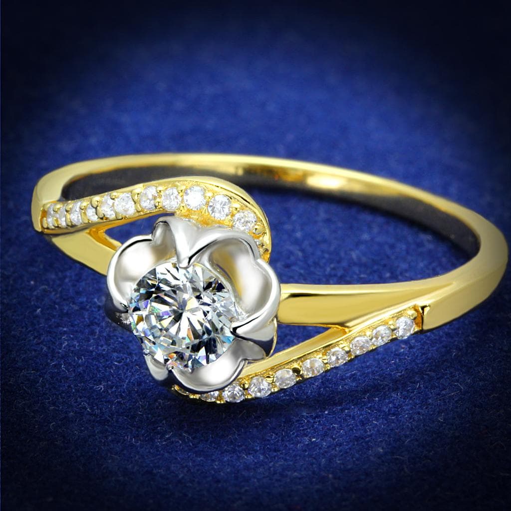 Sterling Silver Gold Two Tone CZ Flower Plumeria Pave Ring