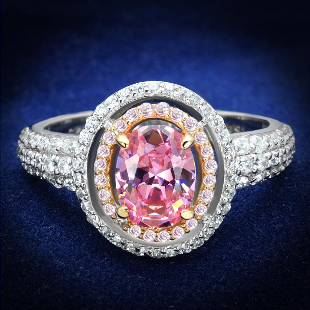 Sterling Silver Pink CZ Oval Double Halo Pave Ring