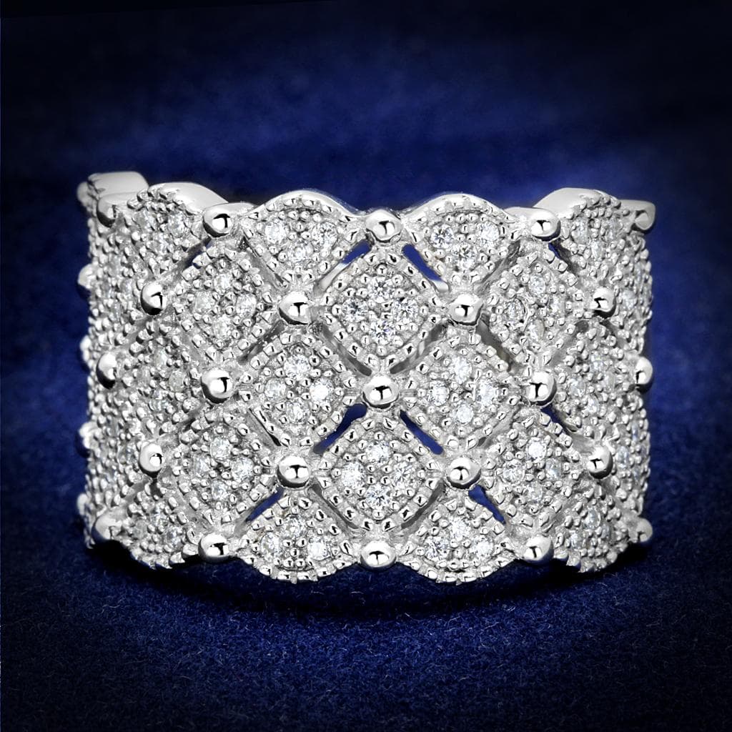Sterling Silver CZ Pave Diamond Lattice Wide Filigree Ring