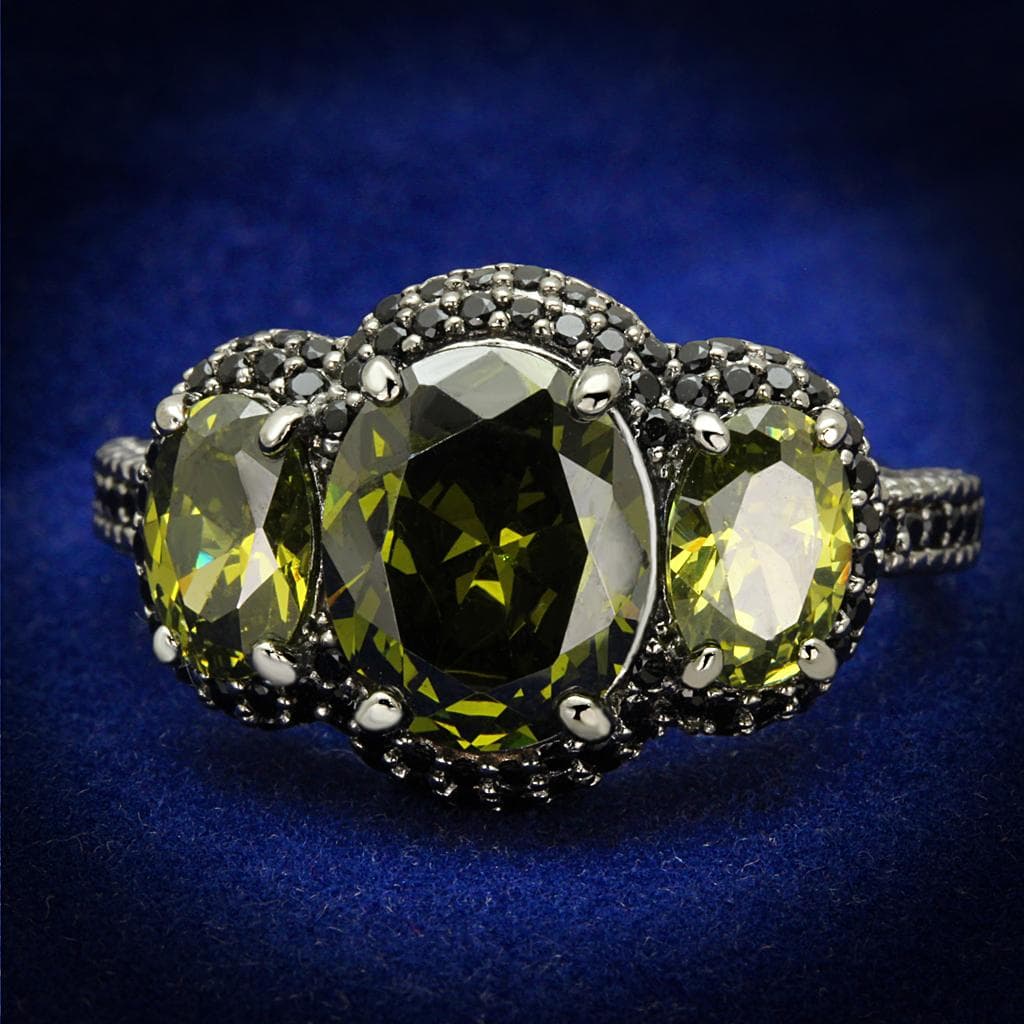 Sterling Silver Olive Green CZ Cushion Black Halo Ring