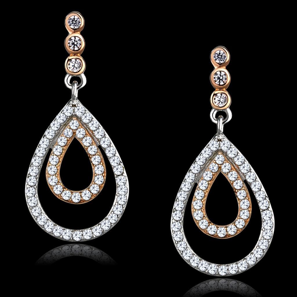 Sterling Silver Rose Gold CZ Pave Teardrop Nested Drop Earrings
