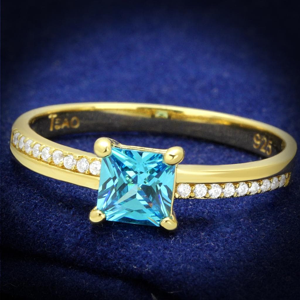 Sterling Silver Gold Two Tone Aqua Blue CZ Princess Ring