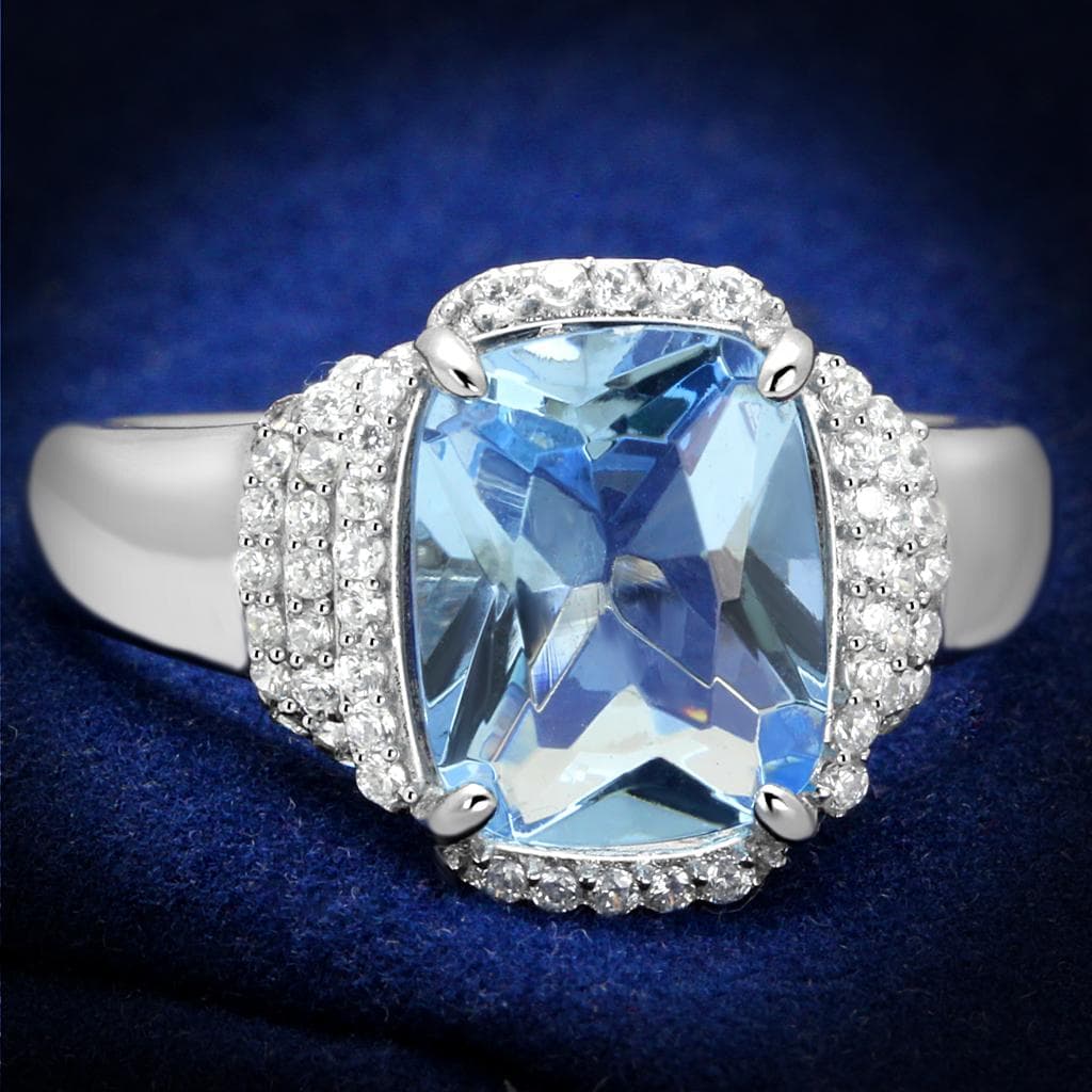 Sterling Silver Aqua CZ Emerald Cut Cushion Halo Pave Ring
