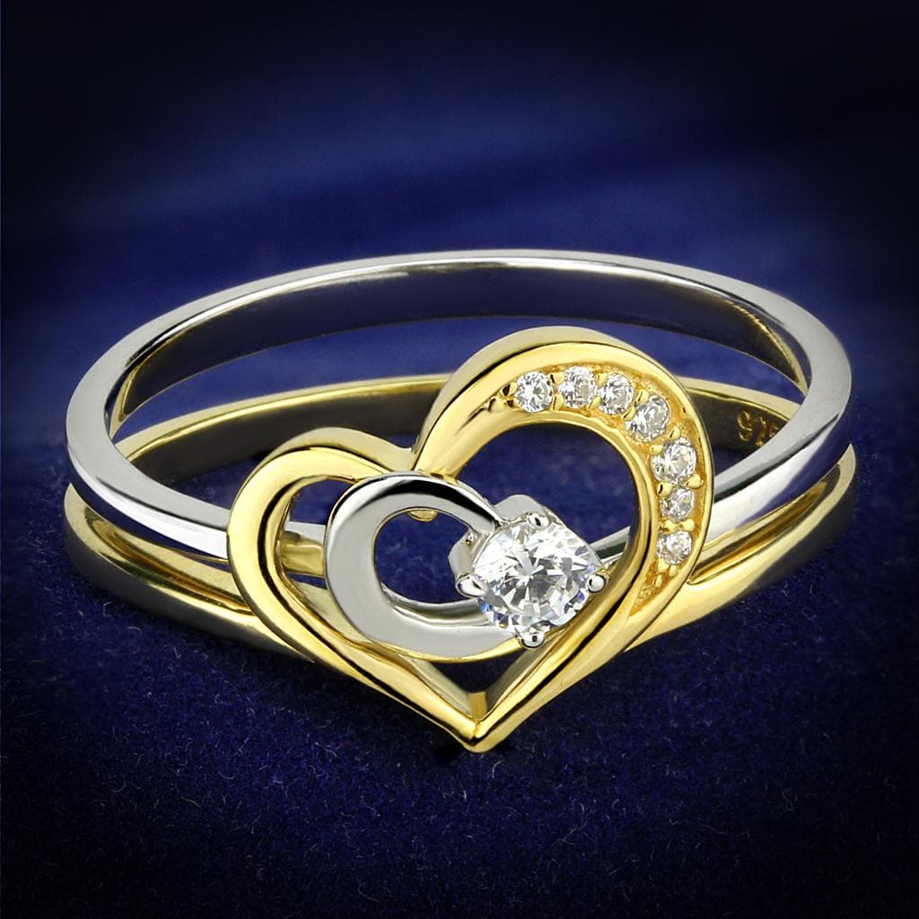 Sterling Silver Gold Two Tone CZ Heart Solitaire Open Ring