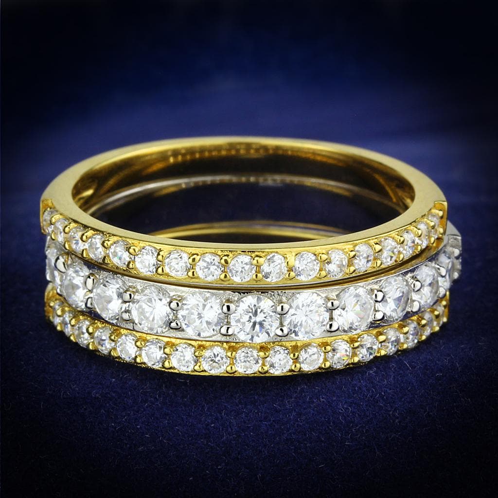 Sterling Silver Gold Two Tone CZ Triple Row Eternity Stack Ring