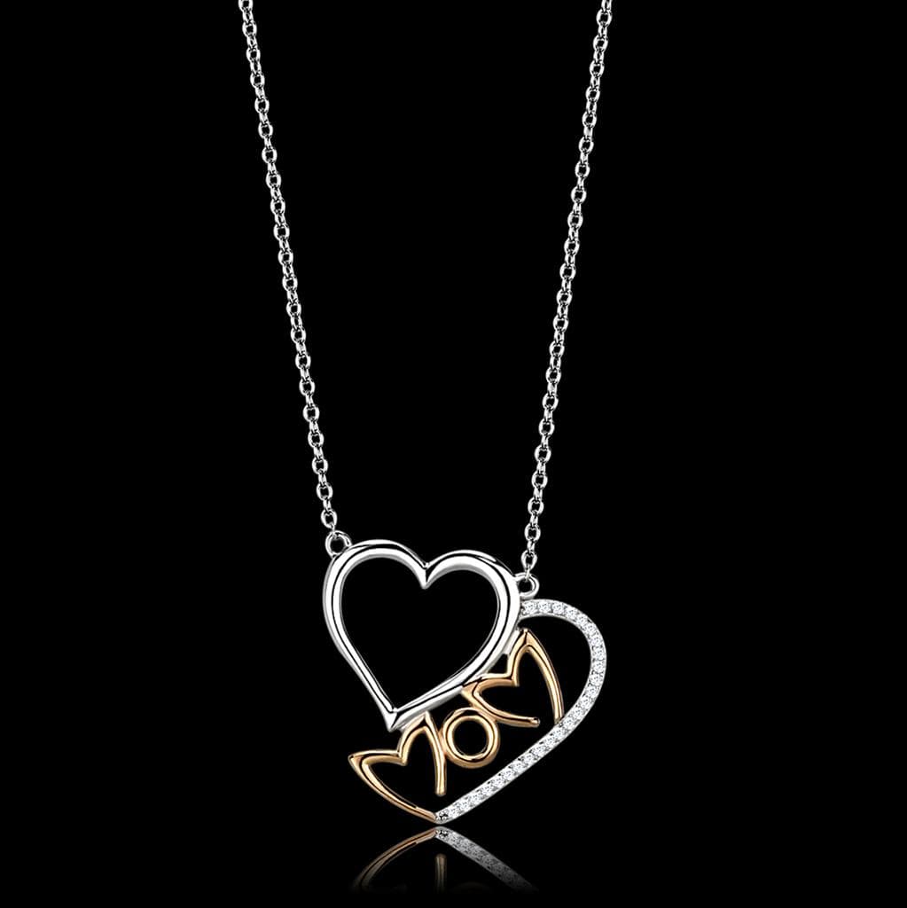 Sterling Silver Rose Gold Two Tone CZ Heart Mom Pendant Necklace