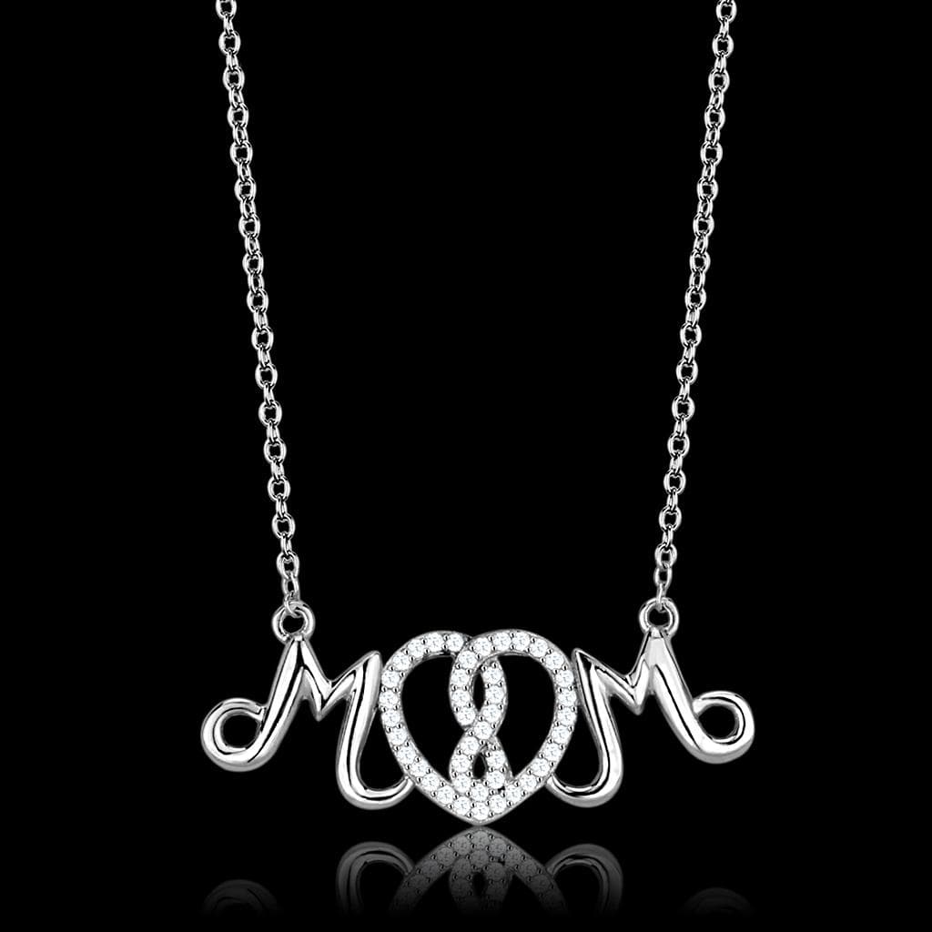 Sterling Silver CZ Mom Script Word Pendant Necklace