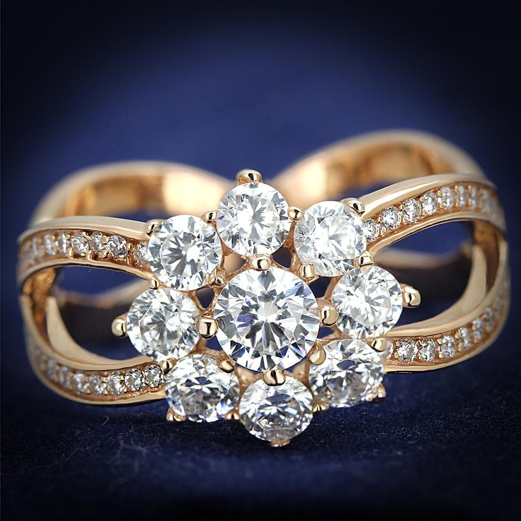 Sterling Silver Rose Gold Two Tone CZ Round Flower Cluster Ring