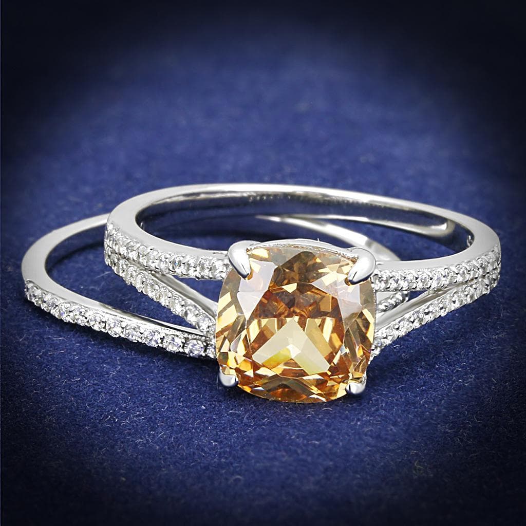 Sterling Silver Champagne Citrine CZ Cushion Solitaire Pave Ring
