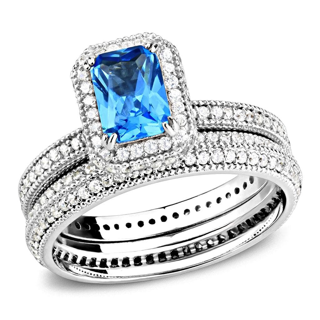 Sterling Silver Blue Topaz CZ Emerald Cut Halo Pave Bridal Ring