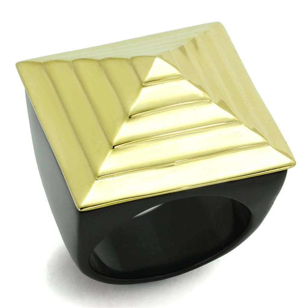 Stainless Steel Gold Black Onyx Pyramid Ring